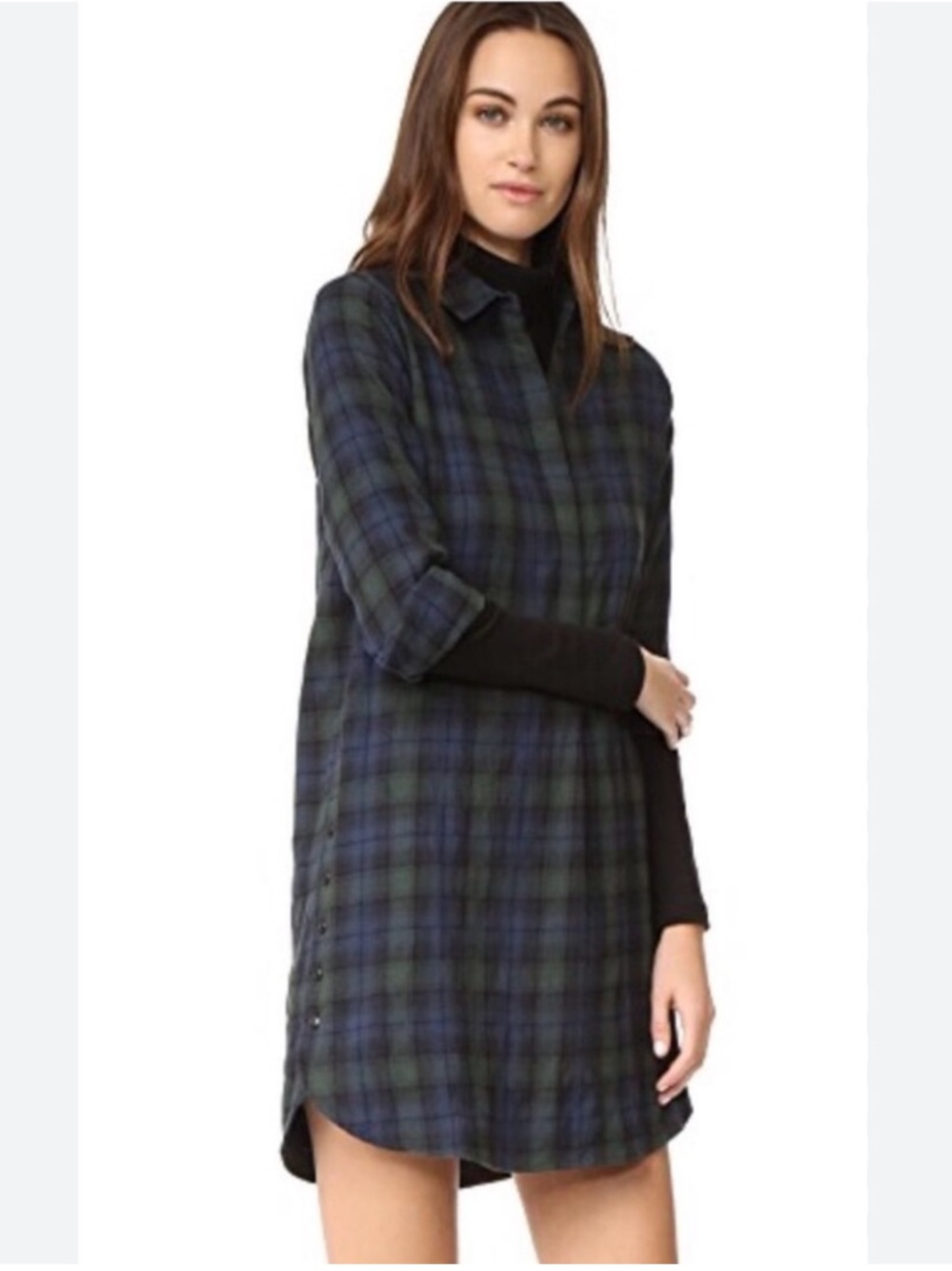 Madewell Navy and Green Plaid Flannel Mini Shirt Dress